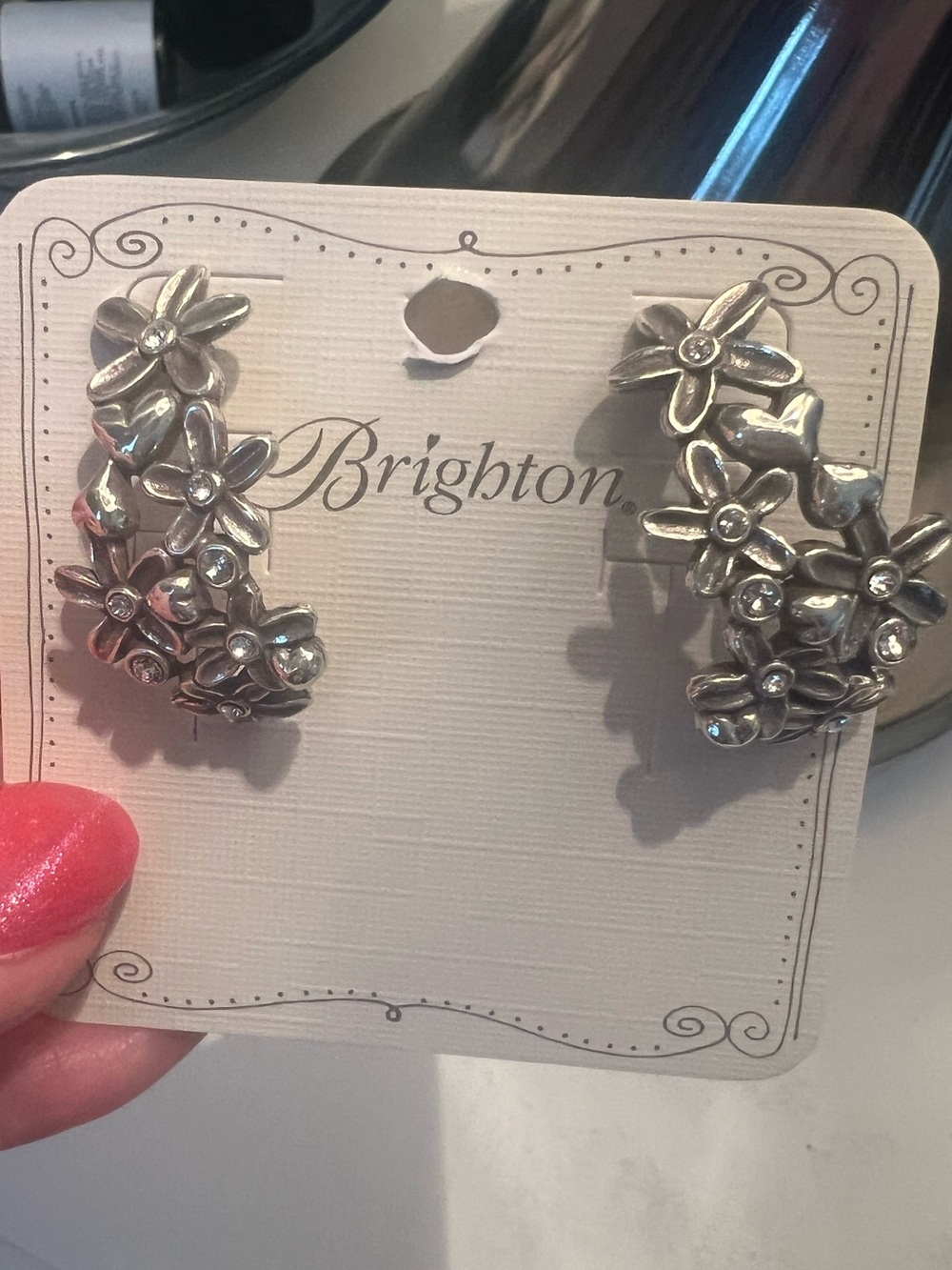 NWT BRIGHTON Silver Floral Crystal Drop pierced Earrings - Picture 2 of 3